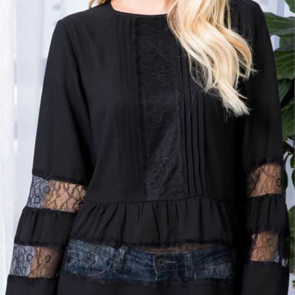 Black Long bell Sleeved Lace detailed Blouse - Picture 6 of 7